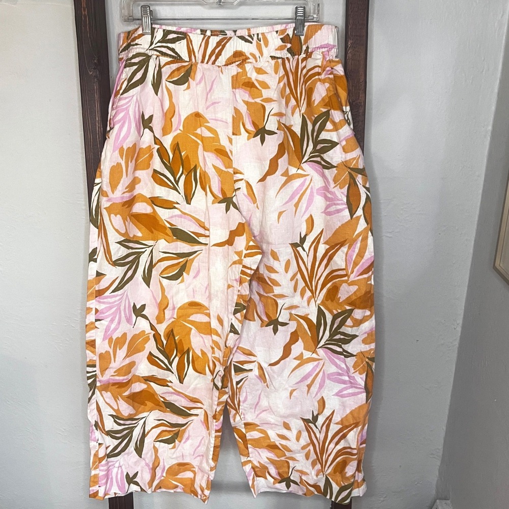 C&C California Womens XL Pink Tropical Leaf 100% Linen Wide Leg Pant Crop Resort